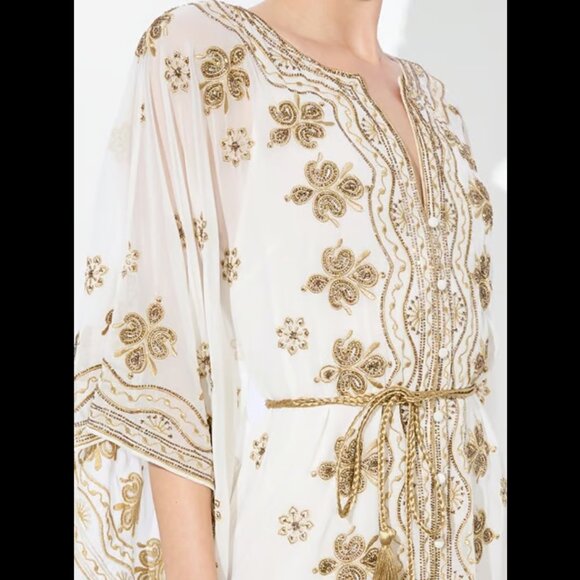 Alice + Olivia MARVA EMBELLISHED MINI KAFTAN off white/pale gold Size M - Picture 5 of 9